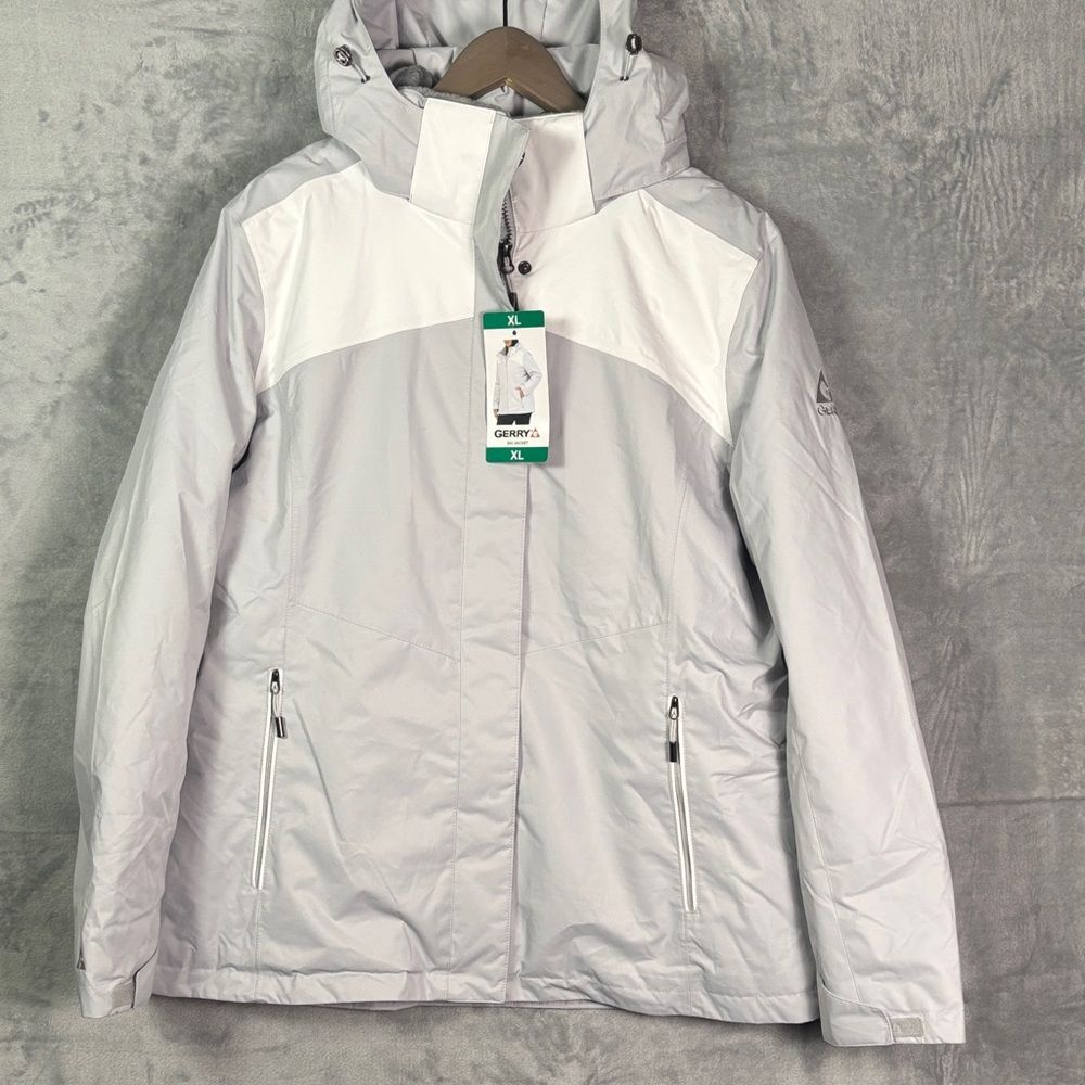 NWT New White Gray Waterproof Hooded Ski Jacket Coat with Powder Skirt Size XL